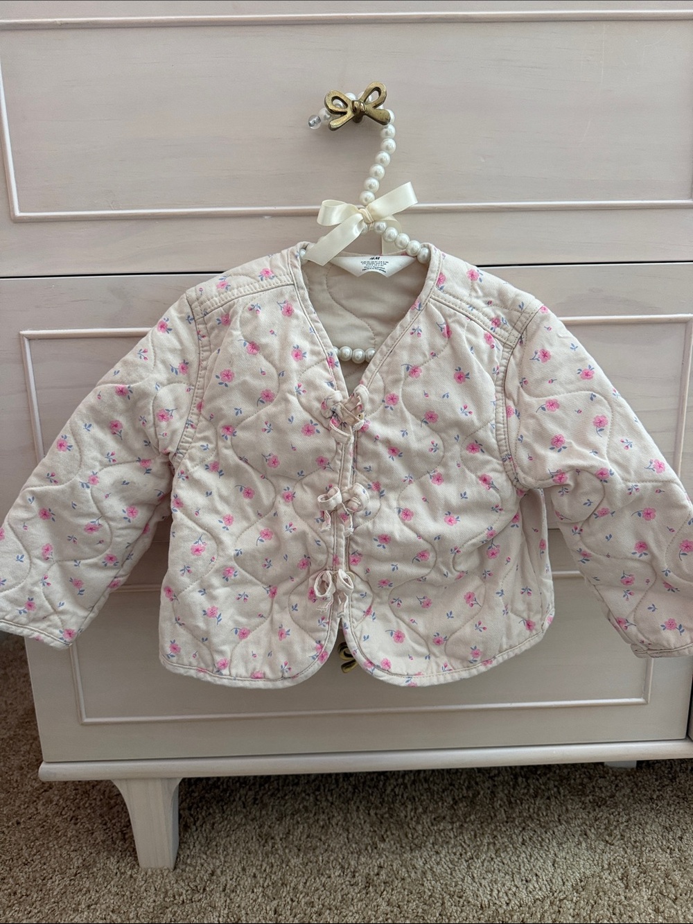 H&M Quilted Floral Tie-Front Jacket in Cream and Pink